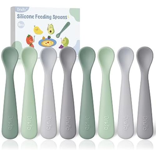 DRKIO 8 Pcs Silicone Baby Spoons Infant Utensils for First Stage Feeding