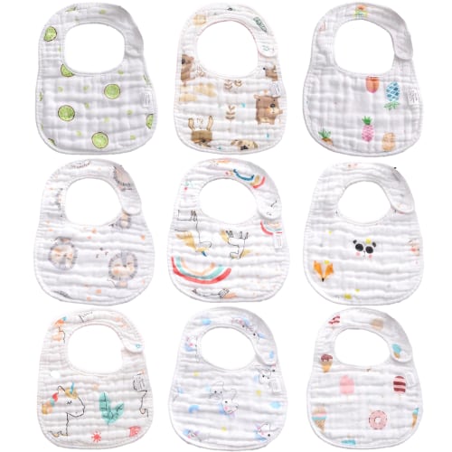 Muslin Drool Bibs for Boys Girls 9 Pack, Adjustable Baby Bibs for Drooling and Teething, Soft Cotton Baby Bandana Bibs for Newborn Feeding Essentials