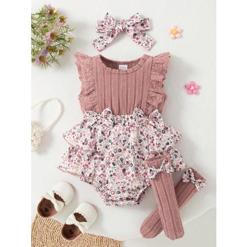 Summer Baby Girl Cute Pink Ditsy Floral Cap Sleeve Romper & Bow Socks & Headband Set | SHEIN USA