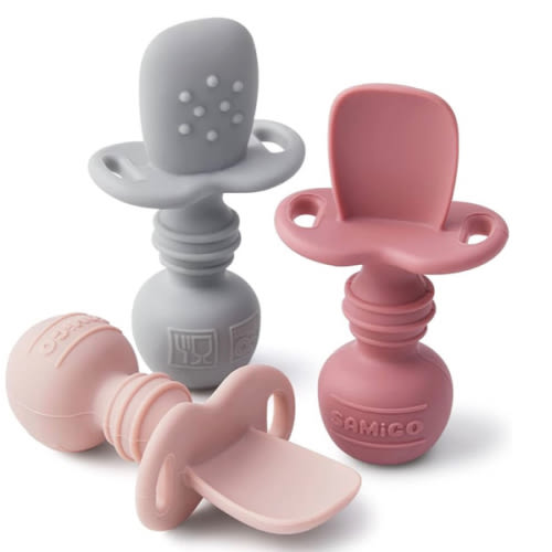 SAMiGO Silicone Baby Spoons Self Feeding 6+ Months - Infant Toddler Utensils - First Stage Baby Led Weaning Feeding Supplies - Set of 3 Pack