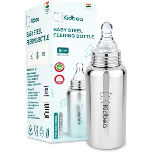 Kidbea Stainless Steel Infant Baby Feeding Bottle, BPA Free, Anti-Colic, Plastic-Free, Medium-Flow X 1 Nipple (250 ML) (Argyle)