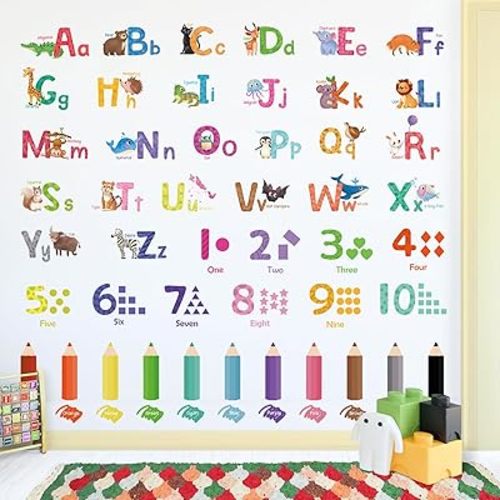 SHUCHING Animal Alphabet Numbers Wall Decals Peel and Stick, Vinyl Educational ABC Wall Sticker, Wall Decor for Classroom Playroom Nursery Kids Bedroom