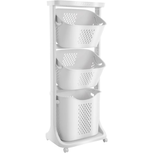 3 Tier stackable Laundry Basket Sorter Portable Rolling Cart Clothes Storage Porous Design With Wheels For Clothes Toiletries Bathrooms Laundry Rooms Bedrooms White