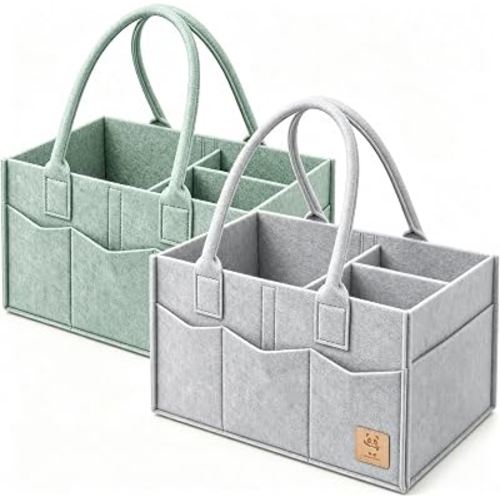 HIPHOP PANDA 2-Pack Diaper Caddy Organizer - Nursery Storage Bin & Car Organizer for Diapers, Wipes, and Baby Essentials - Dual-Color Solid Set (Grey/Green), Large Size