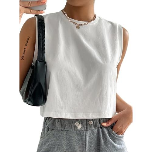 Hilinker Womens Crew Neck Loose Crop Tank Tops Workout Casual Sleeveless T-Shirt