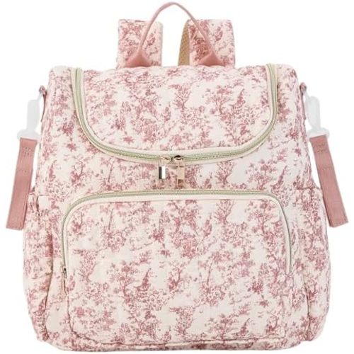 Quilted Diaper Bag Backpack Large Floral Puffy Backpack Multi-compartment Baby Storage Backpack for Mom Travel Hospital