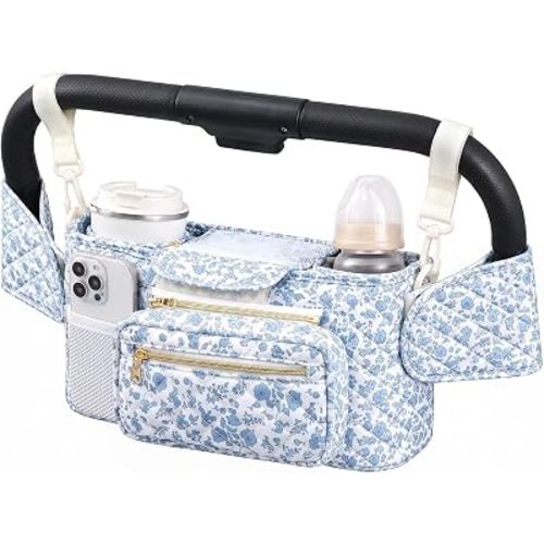 Stroller Caddy with 2 Insulated Cup Holders & Detachable Pouch, Blue Floral