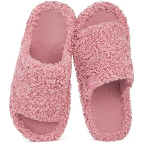 EverFoams Women's Fuzzy Open Toe Slippers Comfy Soft Memory Foam Indoor House Shoes