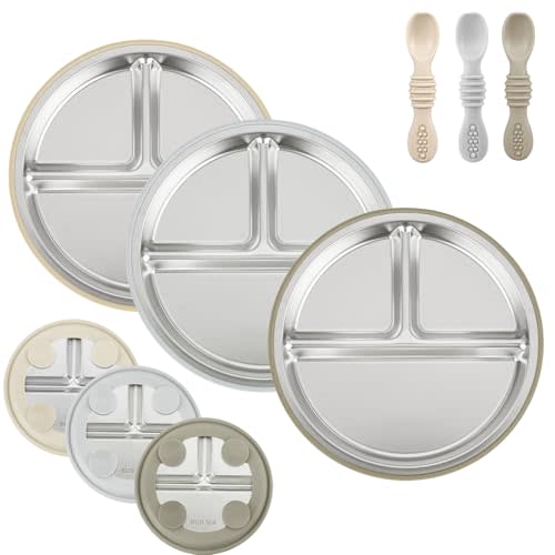 PandaEar 3 Pack Stainless Steel Baby Suction Plates & 3 Pack Baby Led Weaning Spoons, Toddler Utensils Baby Feeding Set, Divided Plates for Self-Feeding Training, BPA-Free