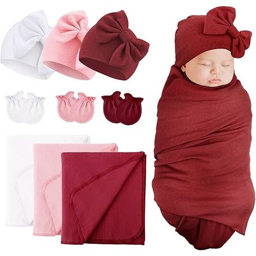 DRESHOW BQUBO Newborn Receiving Blanket Bow Hat Gloves Set Cotton Warm Baby Swaddle Blanket Wrap Baby Sleep Sack Shower Gift