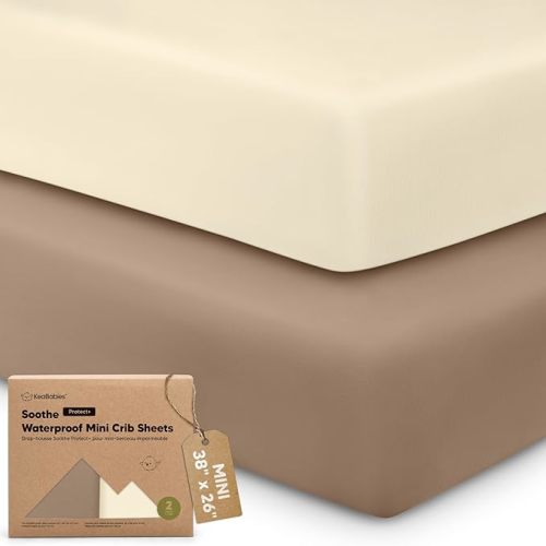 2 Pack and Play Sheets, Waterproof Mini Crib Sheets Fitted - 38x26 Organic Cotton Pack N Play Sheets for Graco Pack and Play Mattress, Playard Baby Crib Sheets, Neutral for Boy, Girl, Toddler (Latte)