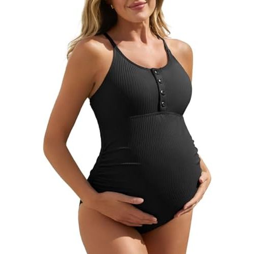 Summer Mae Maternity Swimsuit One Piece Bathing Suit Button Neck Cross Back