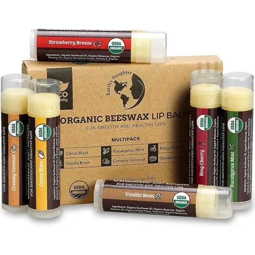 Earth's Daughter USDA Organic Lip Balm 6-Pack - Fruit Flavors, Beeswax, Coconut Oil, Vitamin E - Best Lip Repair Chapstick for Dry Cracked Lips - Moisturizing Lip Care