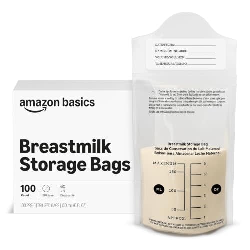 Amazon Basics Breastmilk Storage Bags, Pre-Sterilized, BPA Free, Double Zips, for Refrigeration and Freezer Storage, 100 Count, 6 fl oz (Previously Mama Bear)