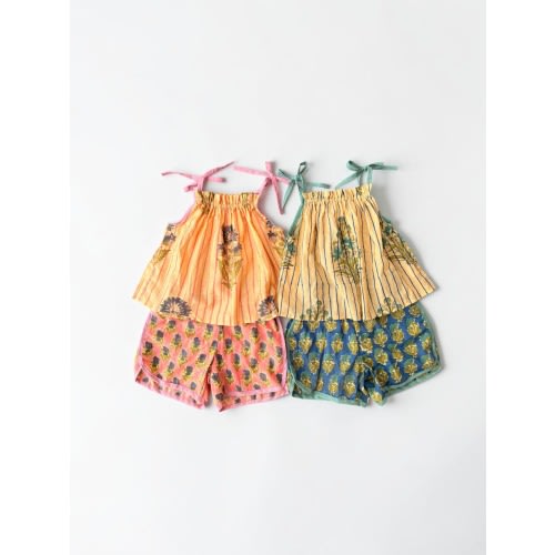 Girls Cotton Block Print Camisole Shorts Set, Summer Infant Toddler Outfit