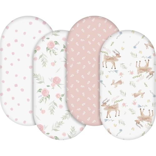 Gllquen Baby Bassinet Sheets 4 Pack, Breathable Cozy Fitted Mattress Sheet, Elastic Travel Crib Fashionable Floral Pattern, Standard Cradle Safe Sheets for Baby Boys Girls 32"x16"(Deer & Rose)