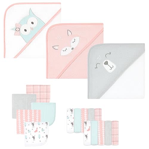Hudson Baby Unisex Baby Animal Hooded Towel 3pk and 15 Washcloths, Girl Woodland, One Size