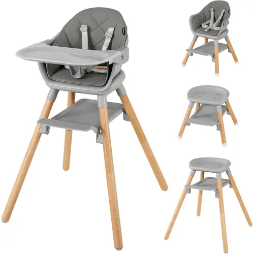 BABY JOY Baby High Chair, 6 in 1 Convertible Wooden High Chair for Babies & Toddlers with Adjustable Legs, Double Removable Tray, Safety Harness & Waterproof PU Cushion (Gray)