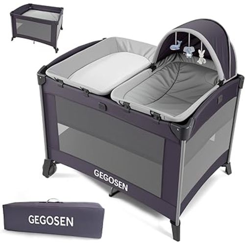 Portable Baby Playard 4 in 1 Design, Foldable Baby Playpen with Removable Bassinet, Canopy and Changing Table, Infant Playrad, Nursery Center Travel Crib (Toys Not Included)