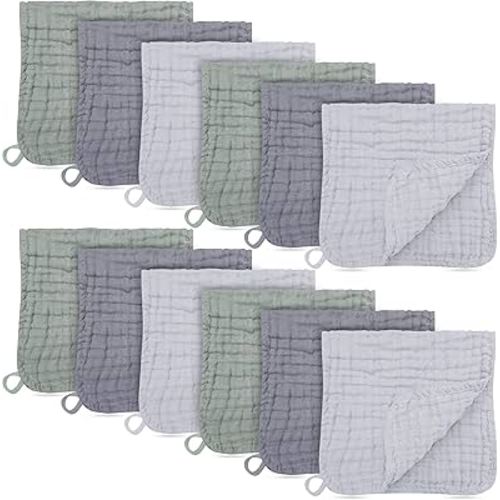 BAMBOO QUEEN 12 Pack Muslin Burp Cloths - Large 20" x 10", Ultra Absorbent 100% Cotton for Baby Drool and Messes - Soft, Gentle Baby Burp Rag for Boys & Girls -Grey, Green, Slate