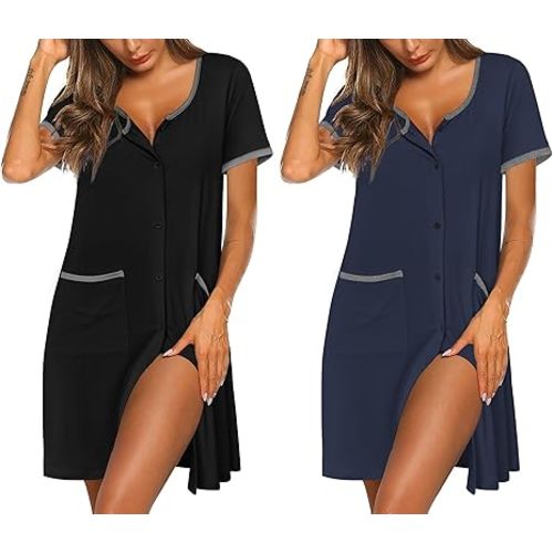 Ekouaer Nightgowns for Women 2 Pack Button Down Sleep Shirts Short Sleeve Nightshirt Sleepwear House Dress with Pockets