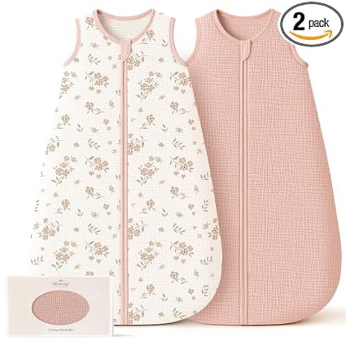Konssy Muslin Baby Sleep Sack 6-12 Months, 0.8 TOG Baby Wearable Blanket | 2 Pack, Two-Way Zipper, 100% Cotton, Soft & Breathable Sleeping Sack, Infants and Toddlers Nursery Essentials (Blossom,Pink)