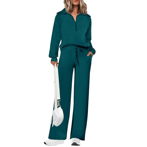 PRETTYGARDEN Women's 2 Piece Outfits Casual Lapel Half Zip Sweatshirts And Wide Leg Pants Tracksuit Sets