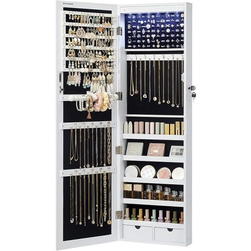 SONGMICS 6 LEDs Mirror Jewelry Cabinet, 47.2-Inch Tall Lockable Wall or Door Mounted Jewelry Armoire Organizer with Mirror, 2 Drawers, 3.9 x 14.6 x 47.2 Inches, White UJJC93W