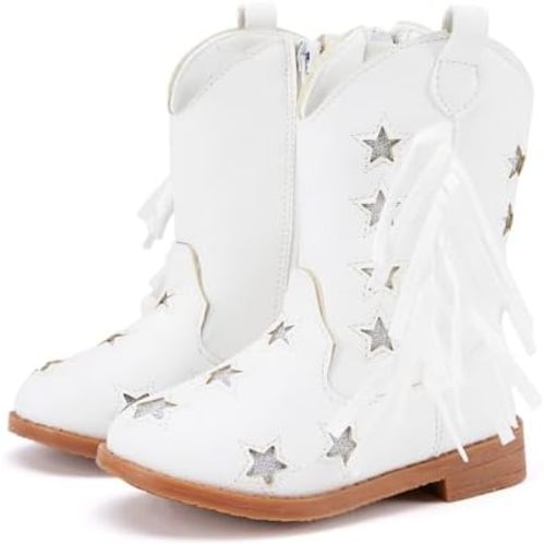 BMCiTYBM Toddler Girls Cowgirl Boots Little Kids Mid Calf Western Cowboy Pointed Toe Riding Shoes Tassels Glitter
