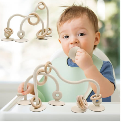 Baby Sensory Teething Chew High Chair Suction Toys for Infant Toddlers 6 12 18 24 Months, Food Grade Silicone Teether with Oak Loop Montessori Educational Baby Bath Toy Gifts (Beige)