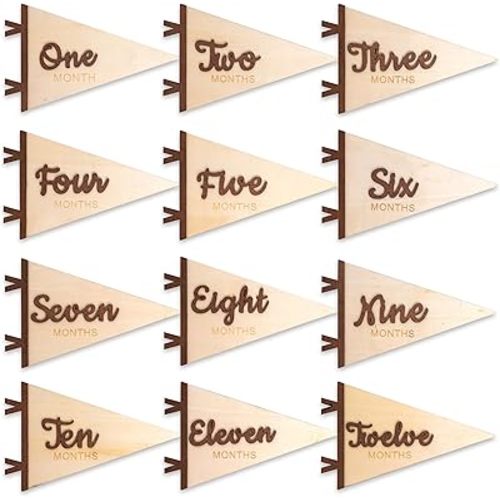 Baby Monthly Milestone Pennant Signs - Wooden Monthly Age Marker from One to Twelve Months, Newborn Announcement and Milestones Photo Props,Boy Girl Birth Party Decorations (brown)