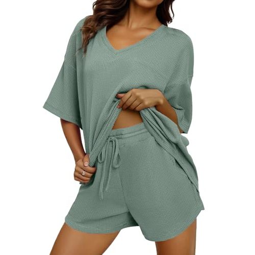 Dokotoo Women's 2 Piece Loungewear Sets Casual Short Sleeve Womens Tops Drawstring Shorts Pants Waffle Knit Sets