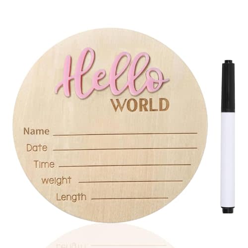 Baby Announcement Sign, 5.9 Inch Wooden Hello World Newborn Signs, Birth Announcement Sign, Baby Shower Hospital Nursery for Newborn Boys and Girls (Pink,Pen)