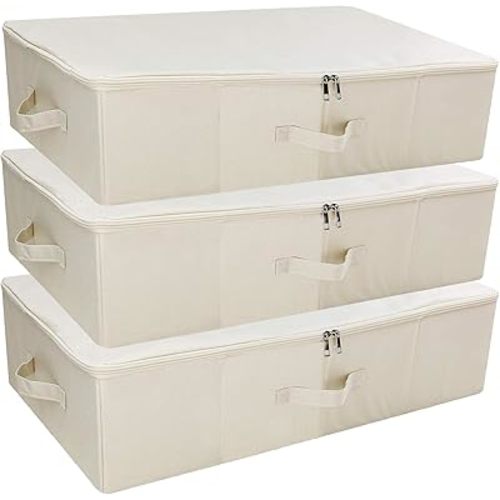 iwill CREATE PRO 3Pcs Collapsible Rigid Underbed Storage Bins, 27.5 * 15.7 * 7", Folding Fabric Storage Boxes for Clothing, Blankets, Shoes in Closet, Wardrobe, Beige