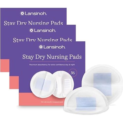 Lansinoh Stay Dry Disposable Nursing Pads, Ultra Thin with Full Coverage, Soft and Super Absorbent Breast Pads, Breastfeeding Essentials for Moms, 36 Count (Pack of 3)