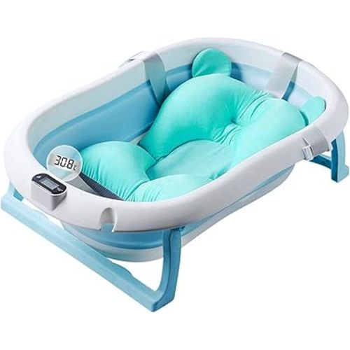 Baby Bath Foldable Newborn Tub with Soft Bath Mat and Real Time Water Temperature Display, Blue