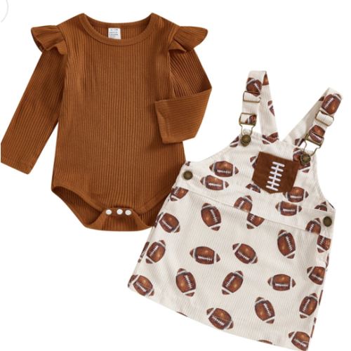Baby Toddler Girls 2Pcs Fall Outfit Long Sleeve Romper + Football Print Overall Dress Set Clothes