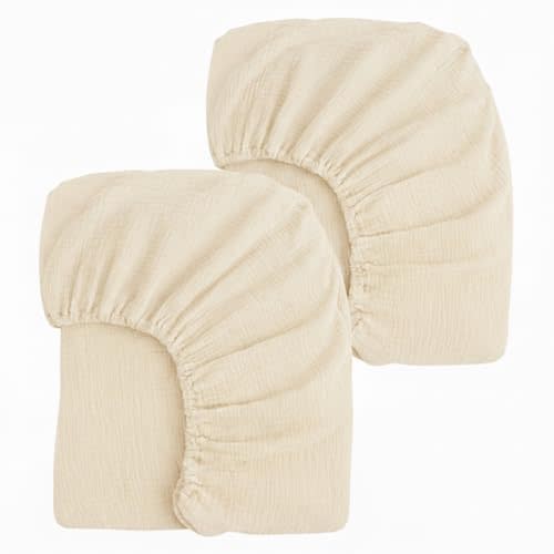 2 Pack Creamy Beige Muslin Crib Sheets for Boys & Girl- Neutral Breathable Cotton Crib Mattress Sheets Fitted for Standard 28"x 52"- Nursery Décor No Slip Crib Bed Sheets