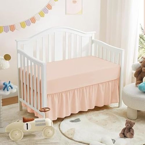 Mini Crib Ruffle Bed Skirt (24” x 38”) with 10” Inch Drop Dust Ruffle for Baby Boys or Girls Nursery Crib Toddler Bed Skirt Microfiber Fabric - Blush Solid