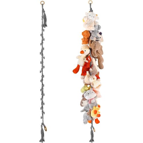 80" Cotton Hanging Storage Chain For Stuffed Animals Storage with 40 Metal Clips, Stuffed Animal Organizer Chain for Wall Corner Nursery Play Room, Grey