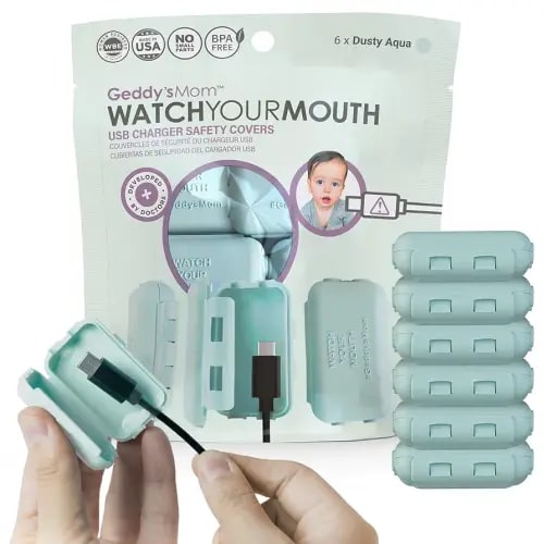 Geddy's Mom - Watch Your Mouth - The Award Winning USB Charger Child Safety Cover - Made in The USA - Baby Proofing Toddler Shock Prevention - 6 Pack (Dusty Aqua)