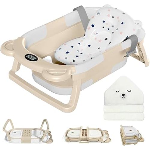 MoreFeel Collapsible Baby Bathtub for Newborn with Thermometer & 1 Hooded Towel & 1 Soft Floating Cushion,Portable Travel Bathtub with Drain Hole, Durable Foldable Baby Tubs for Infants to Toddler