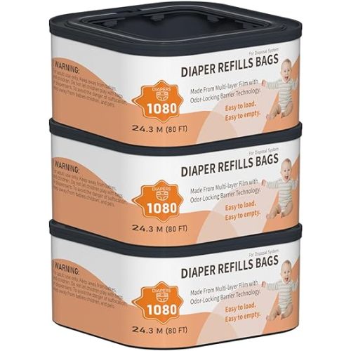 Jumbo+ Square Refills Disposal Bags Refill Compatible with Diaper Genie Compact, Classic and Select Pails, Hold Up to 1080 Newborn-Sized Diapers Per Refill, 3 Pack
