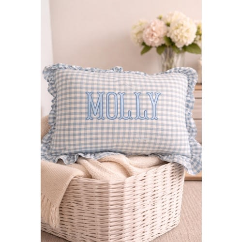 Blue gingham pillow, 26x20 size, cursive font, Farrah, Ice blue thread color