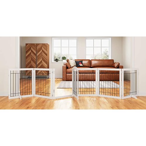 PAWLAND 144-inch Extra Wide 30-inches Tall Dog gate with Door Walk Through, Freestanding Wire Pet Gate for The House, Doorway, Stairs, Pet Puppy Safety Fence, Support Feet Included, White,6 Panels