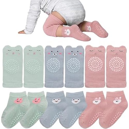 6 Pairs Baby Knee Pads for Crawling and Baby Non Slip Socks Set Walking Protector for Infant Toddler Kids
