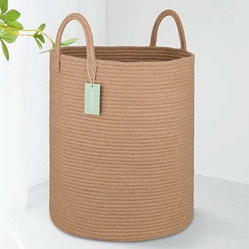 Large Jute Laundry Hamper Basket for Clothes 65L, Tall Nursery Hamper with Handles, Woven Blanket Basket for Storage Toys Clothes Towels, 16”x 20”,Jute