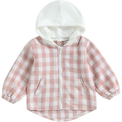 Douhoow Toddler Baby Plaid Jacket Baby Boy GIrl Flannel Hoodies Zip Up Hooded Fall Winter Outerwear Coat
