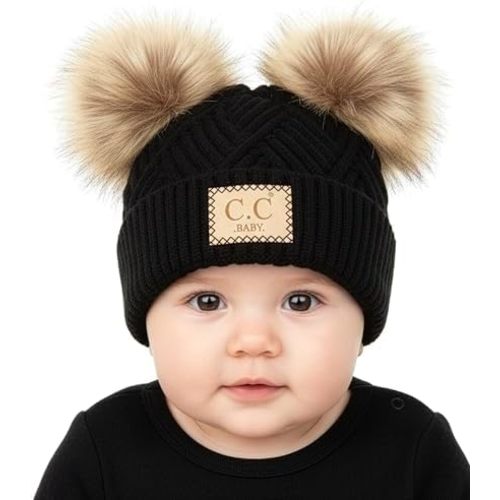 Funky Junque Double Pom Pom Baby Beanie – Newborn Girl Winter Hat 0–12 Months, Cute Cozy Knit Infant Beanies for Cold Weather