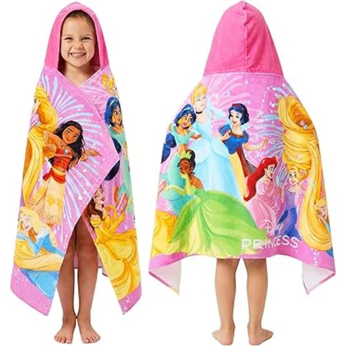 Disney Princess Bath Towels with Hood for Girls, Soft Absorbent Cotton Beach Towel, Swimming Pool Hooded Poncho, Shower Bath Cinderella Moana Rapunzel for Girls Ages 2-6 (Multi Princess)